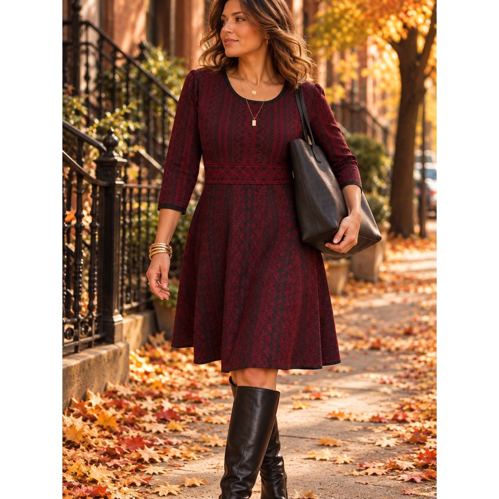 Nina Leonard Women's M Wine Black Jacquard Knit Fit & Flare Dress 3/4 Sleeve NWT